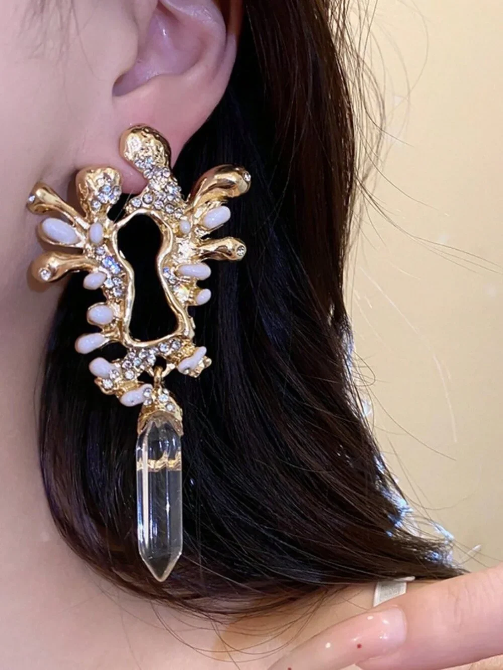 Gold Boho Women's Asymmetrical Key-Shaped Crystal Resin Long Stud Earrings